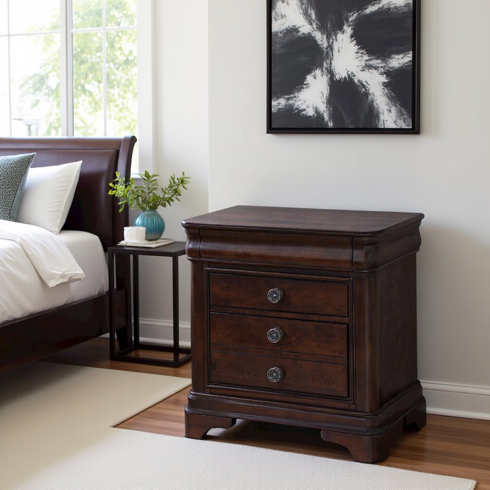Elegant Wooden Nightstand with Drawer in Cherry Finish, Dark Wood Design. Picture 2