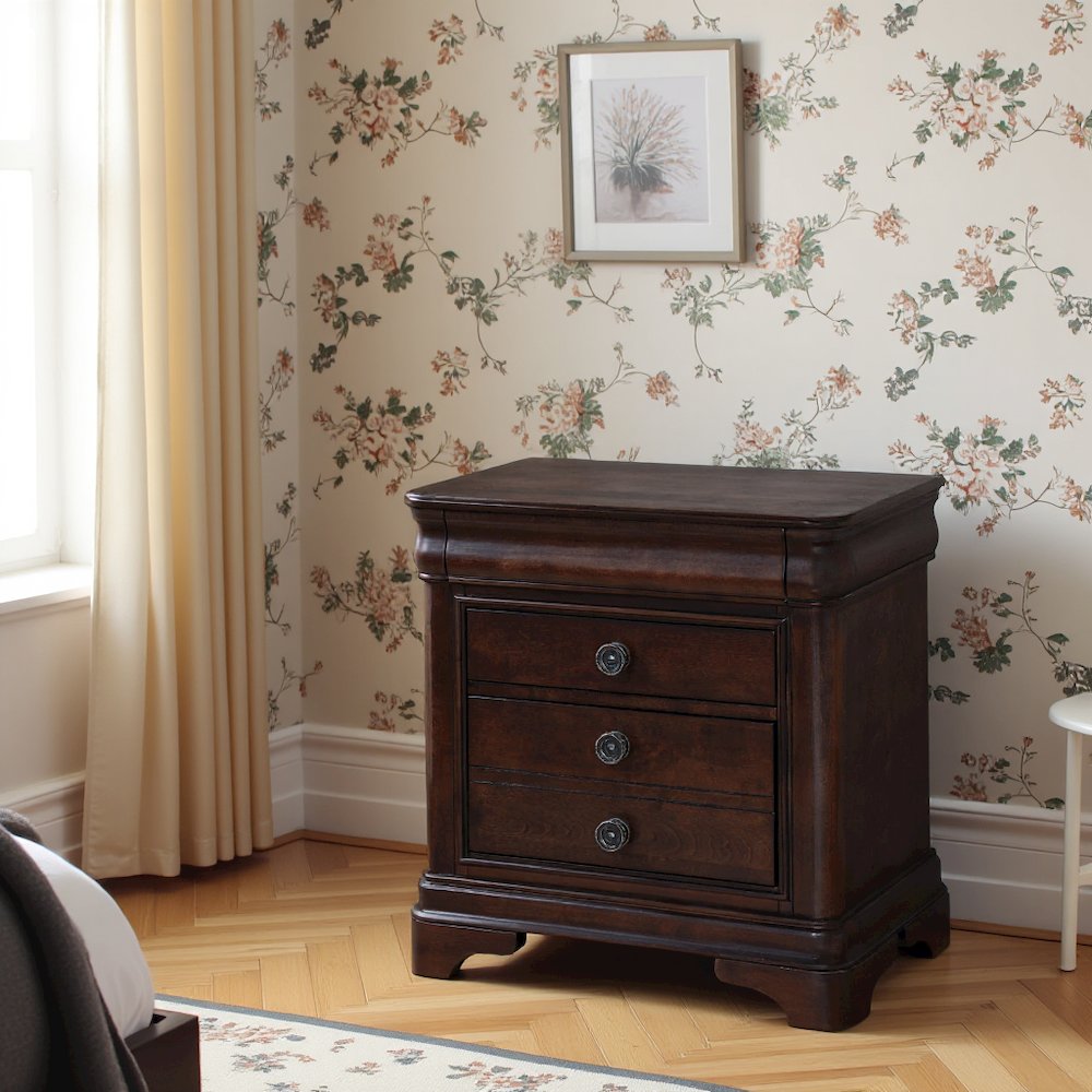 Elegant Wooden Nightstand with Drawer in Cherry Finish, Dark Wood Design. Picture 3