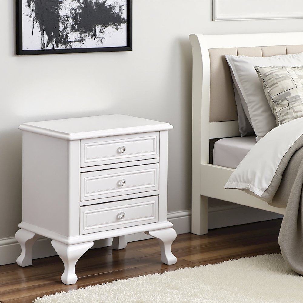 White Vintage 3-Drawer Nightstand with Acrylic Knobs. Picture 2