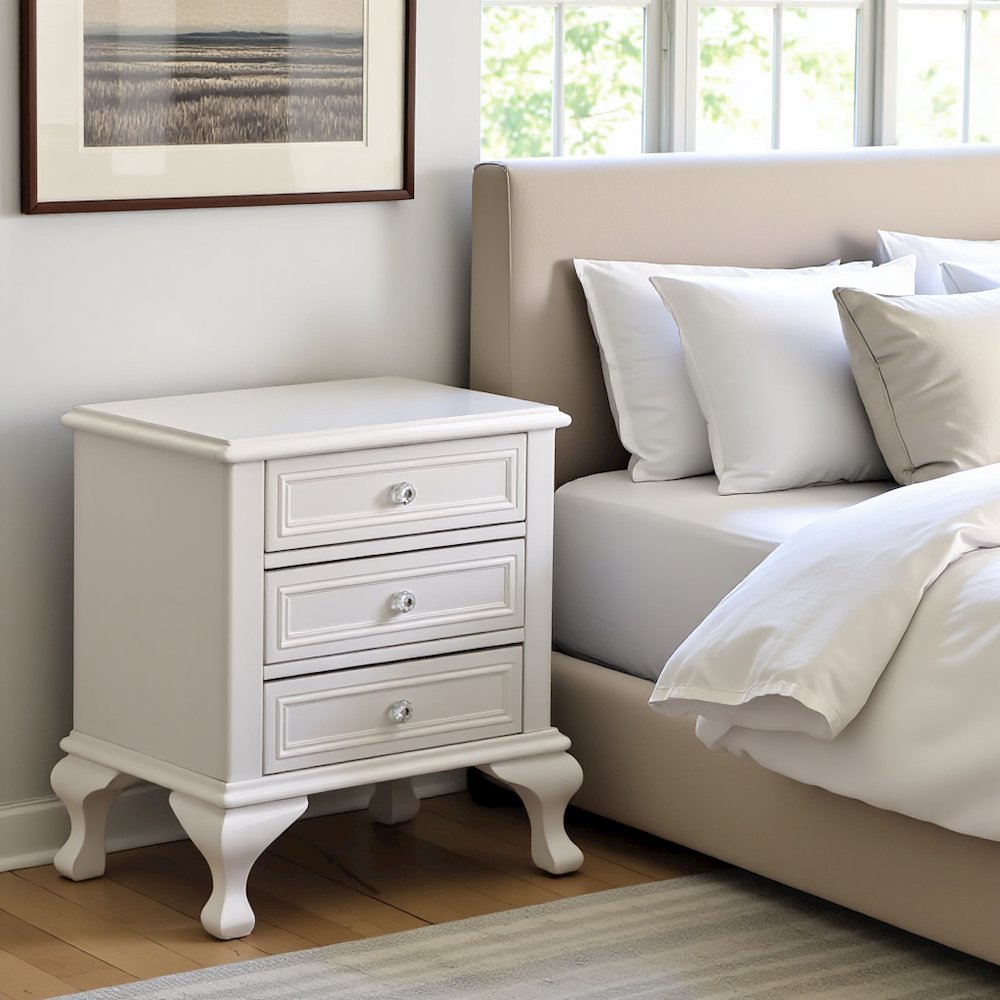 White Vintage 3-Drawer Nightstand with Acrylic Knobs. Picture 3