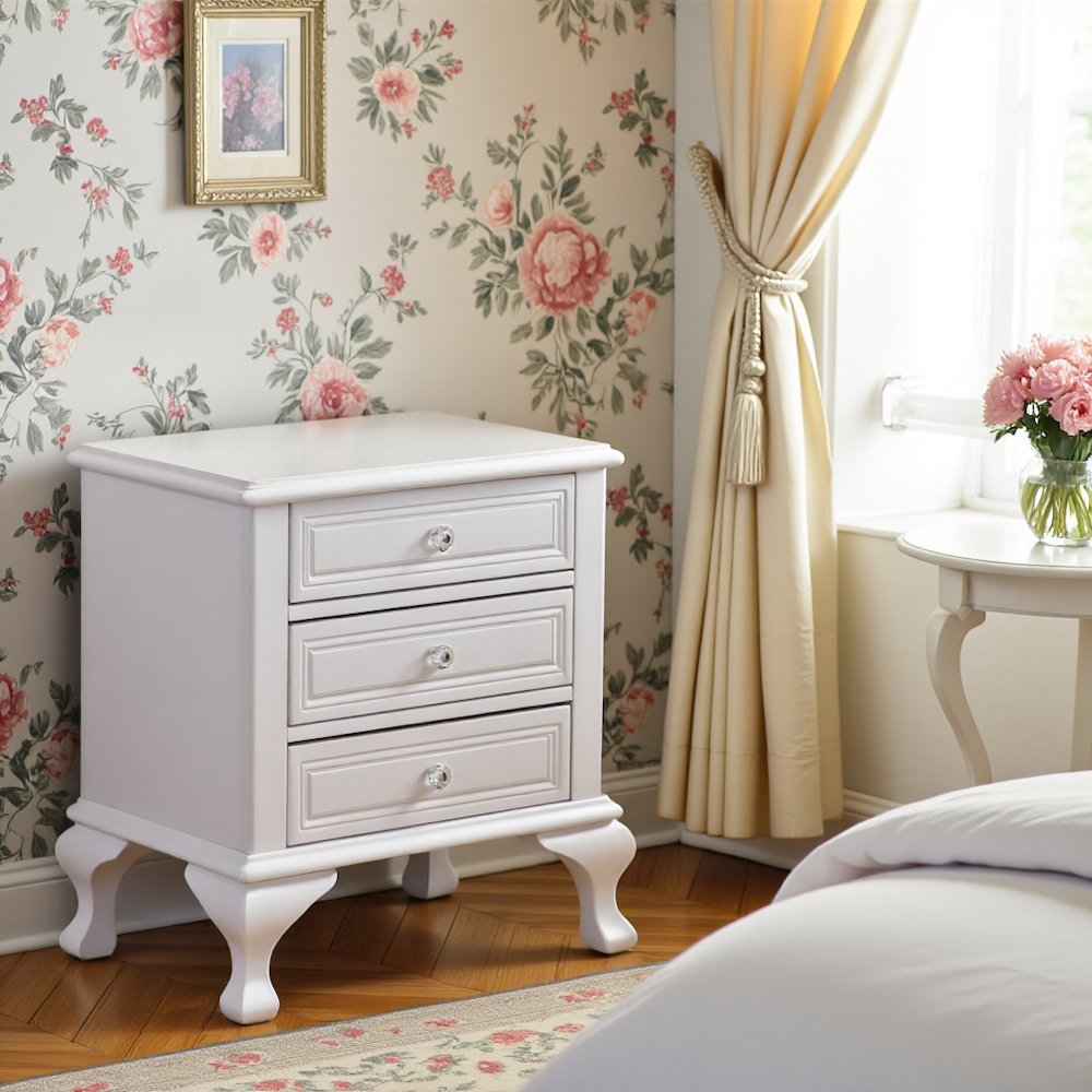 White Vintage 3-Drawer Nightstand with Acrylic Knobs. Picture 4
