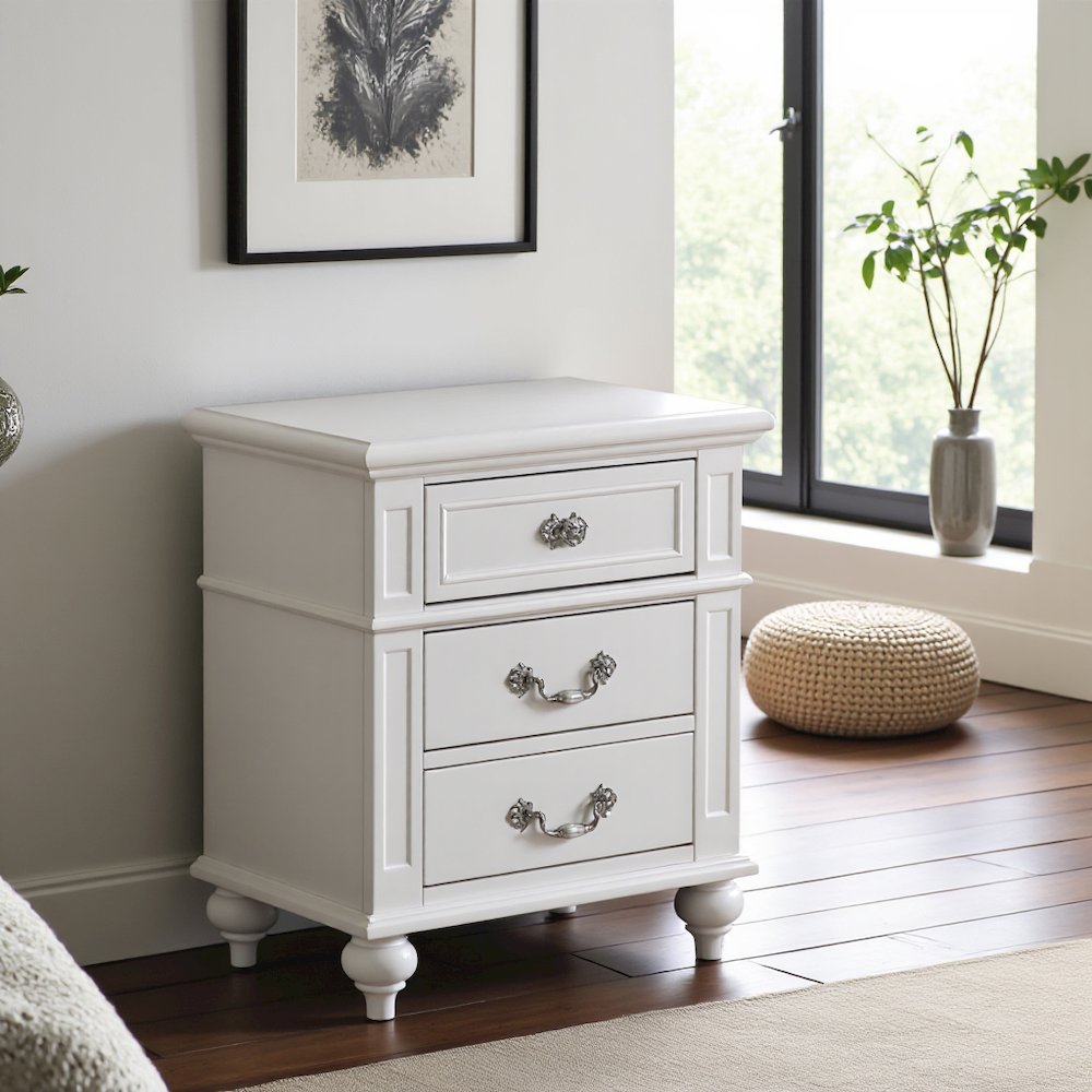 Elegant White Nightstand with Three Drawers for Bedroom Storage. Picture 4