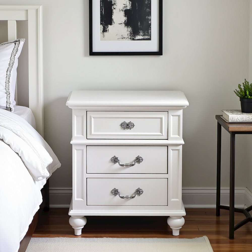 Elegant White Nightstand with Three Drawers for Bedroom Storage. Picture 5