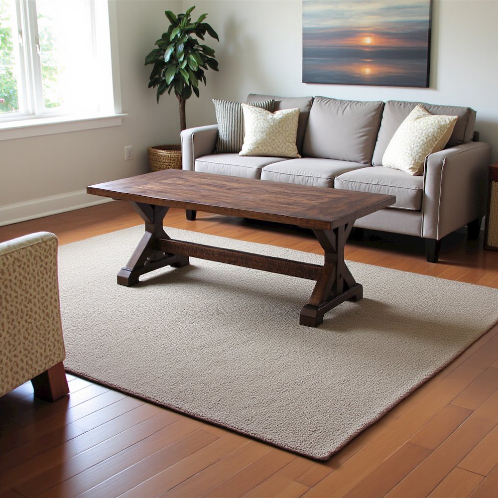 Brown Acacia Veneer Trestle Coffee Table. Picture 4