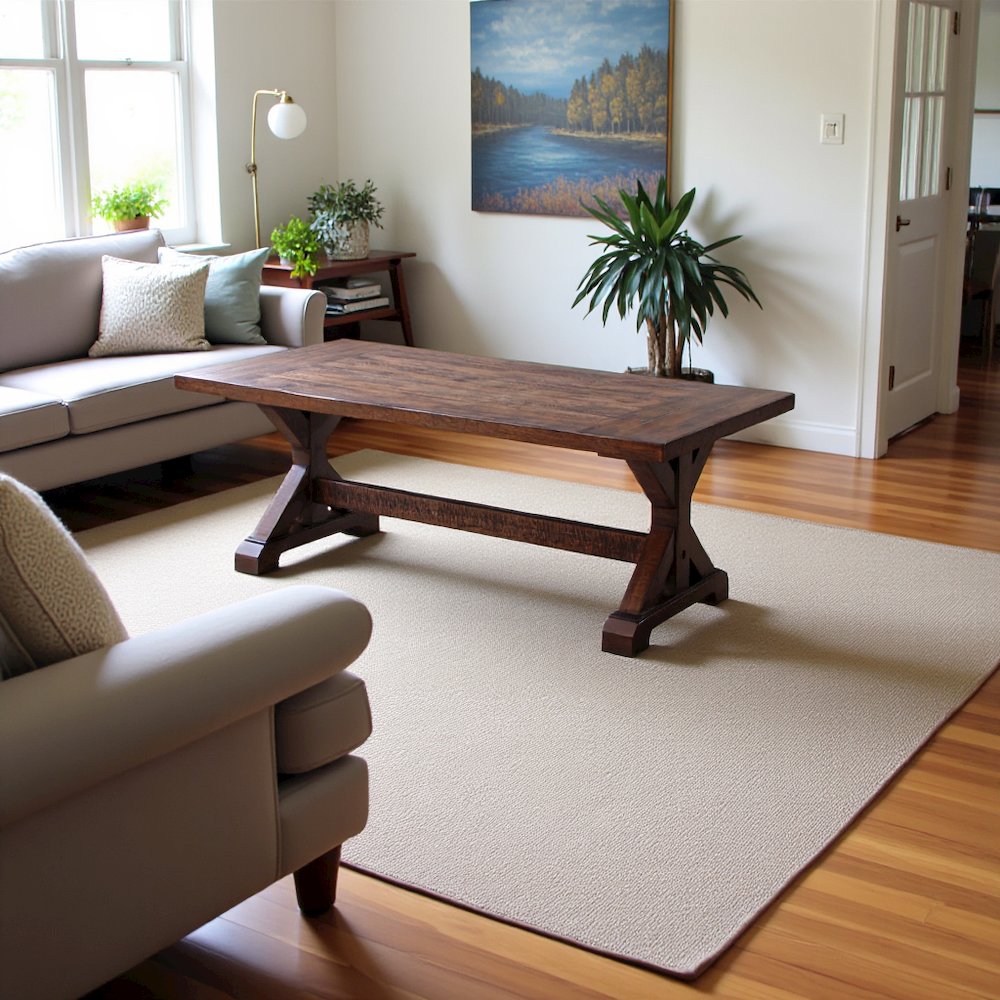 Brown Acacia Veneer Trestle Coffee Table. Picture 3