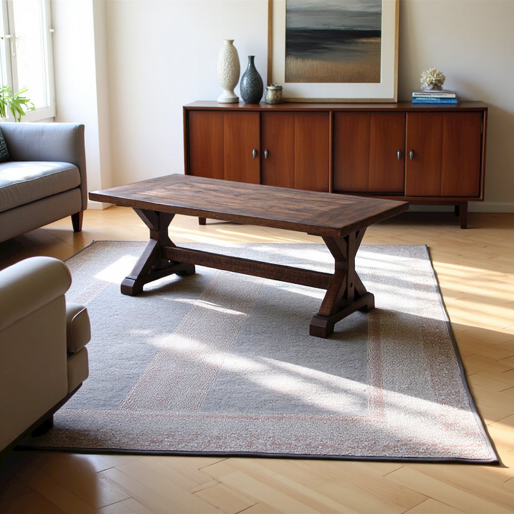 Brown Acacia Veneer Trestle Coffee Table. Picture 5