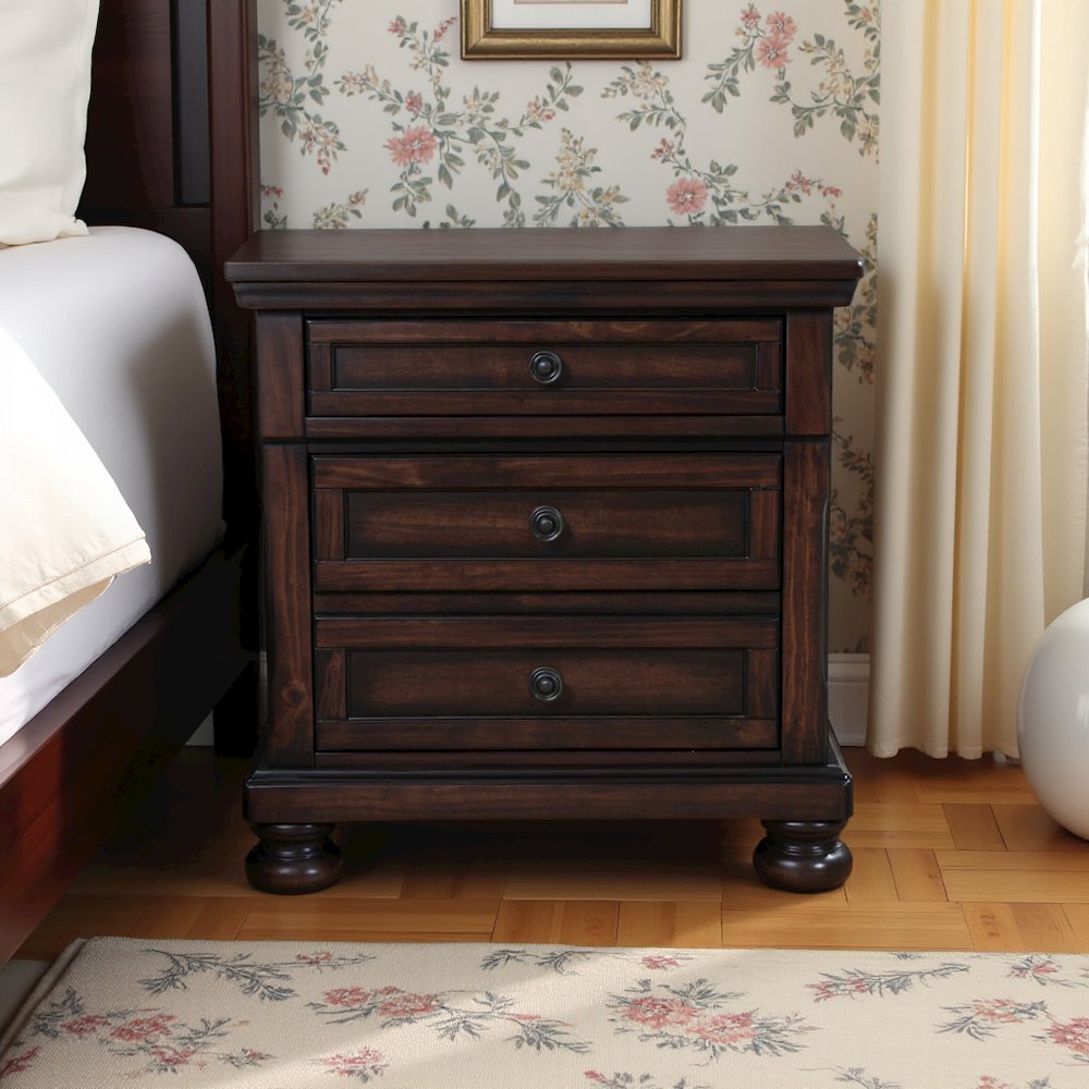 Wooden Nightstand with USB, Cherry Veneer, and Dark Metal Finish Knobs. Picture 4