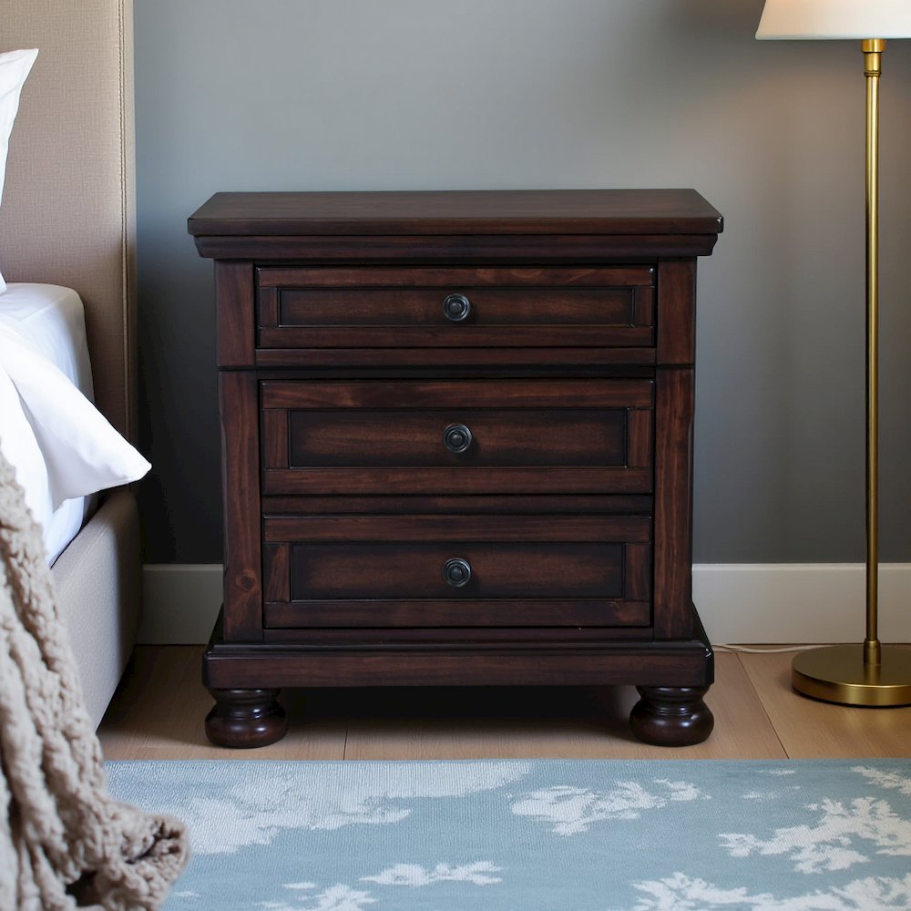 Wooden Nightstand with USB, Cherry Veneer, and Dark Metal Finish Knobs. Picture 5