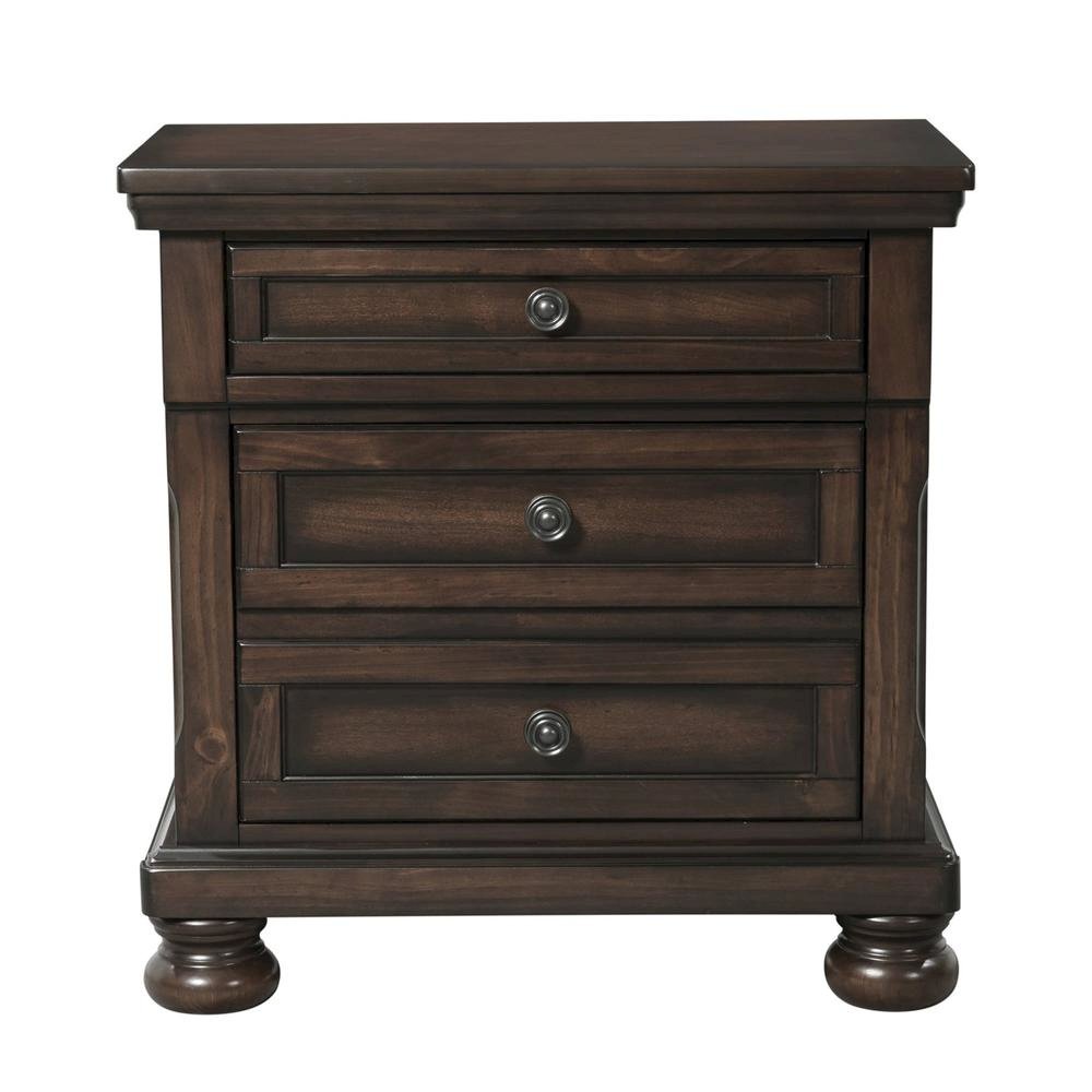 Wooden Nightstand with USB, Cherry Veneer, and Dark Metal Finish Knobs. Picture 1