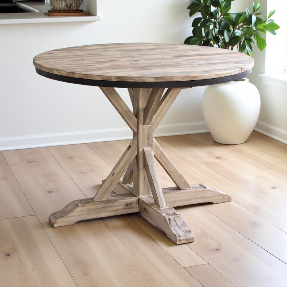Round Beach Dining Table with Acacia Wood and Metal Base for Kitchens. Picture 6