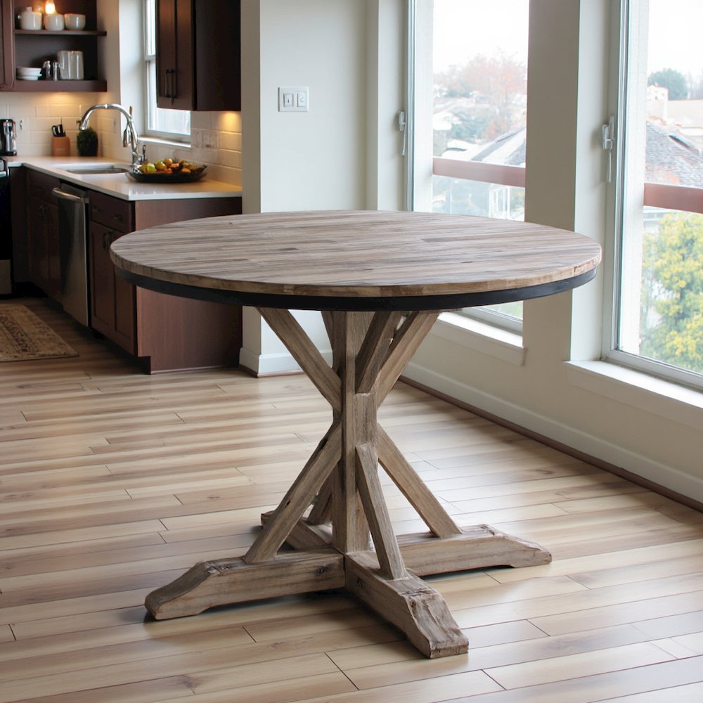 Round Beach Dining Table with Acacia Wood and Metal Base for Kitchens. Picture 7