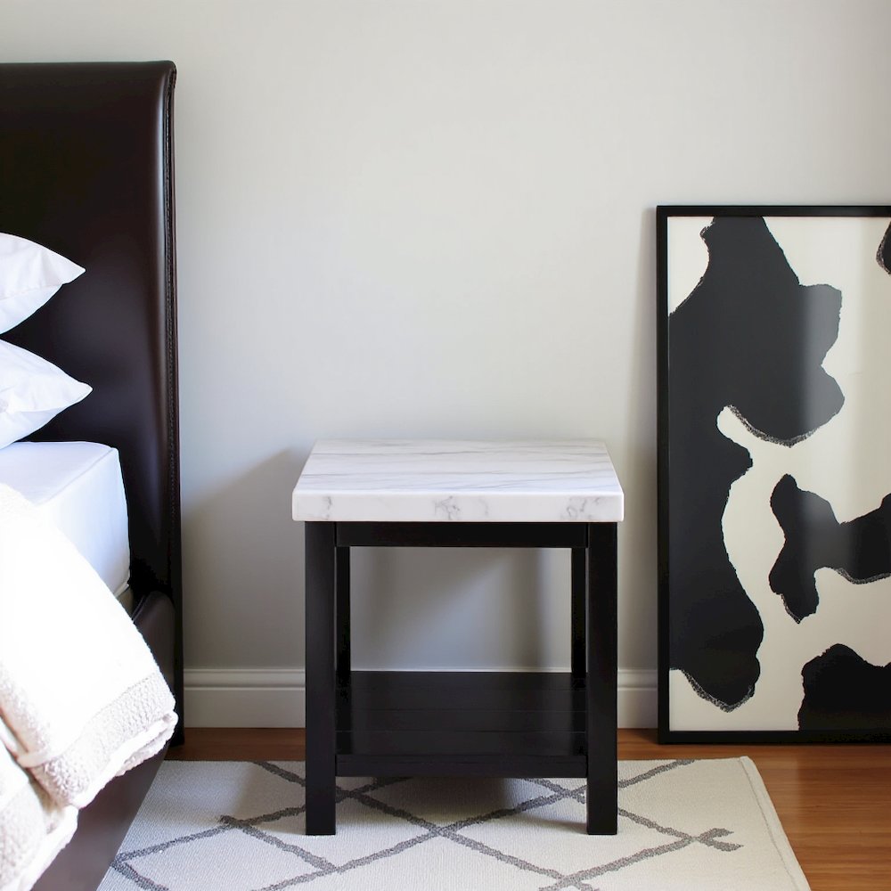 White Marble Square Console Table with Acacia Base for Living Room. Picture 9