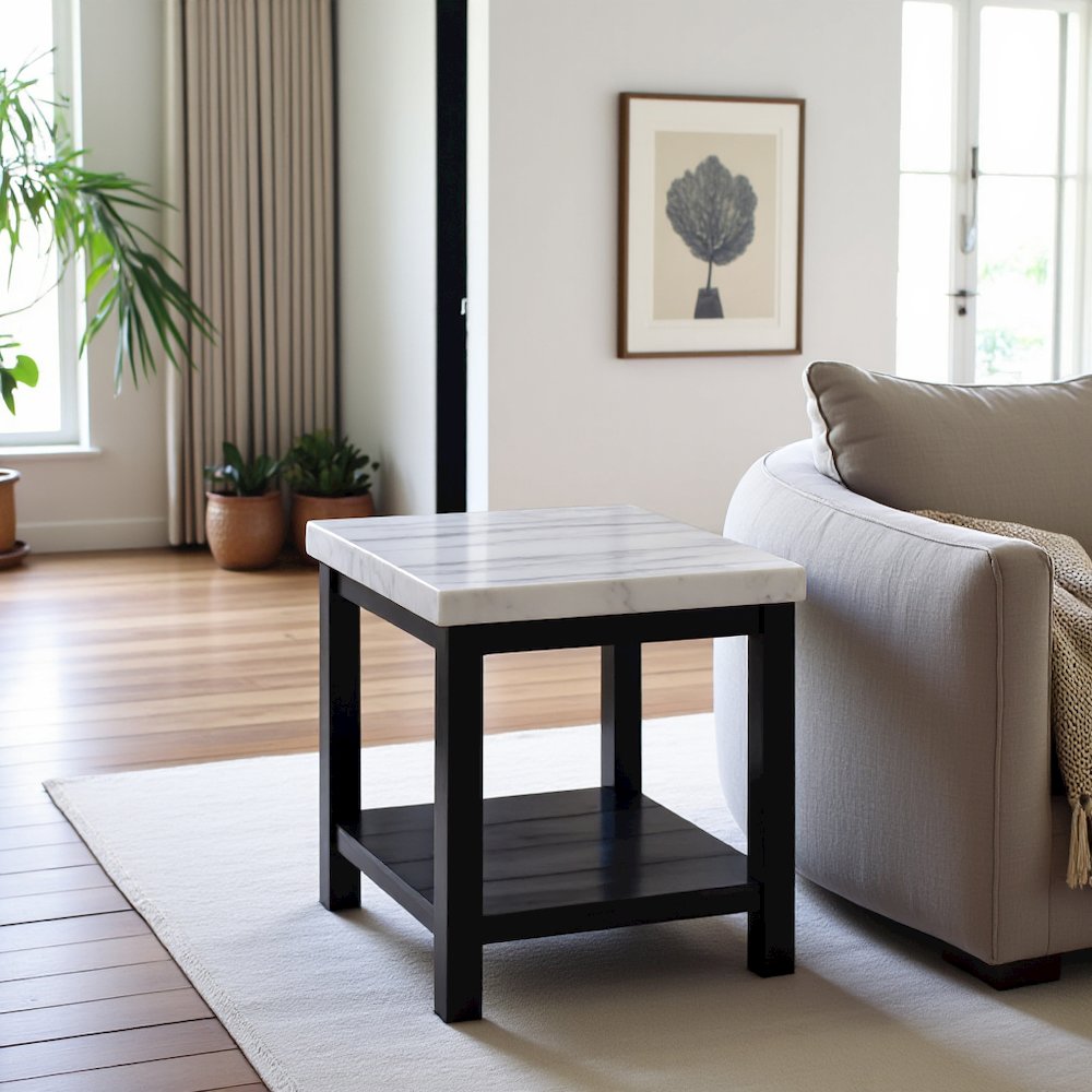 White Marble Square Console Table with Acacia Base for Living Room. Picture 10