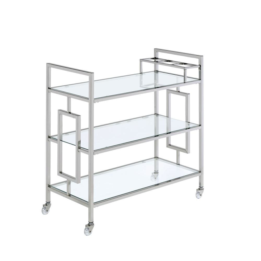 Chrome Glass Bar Cart with Wheels for Serving Drinks and Entertaining. Picture 1