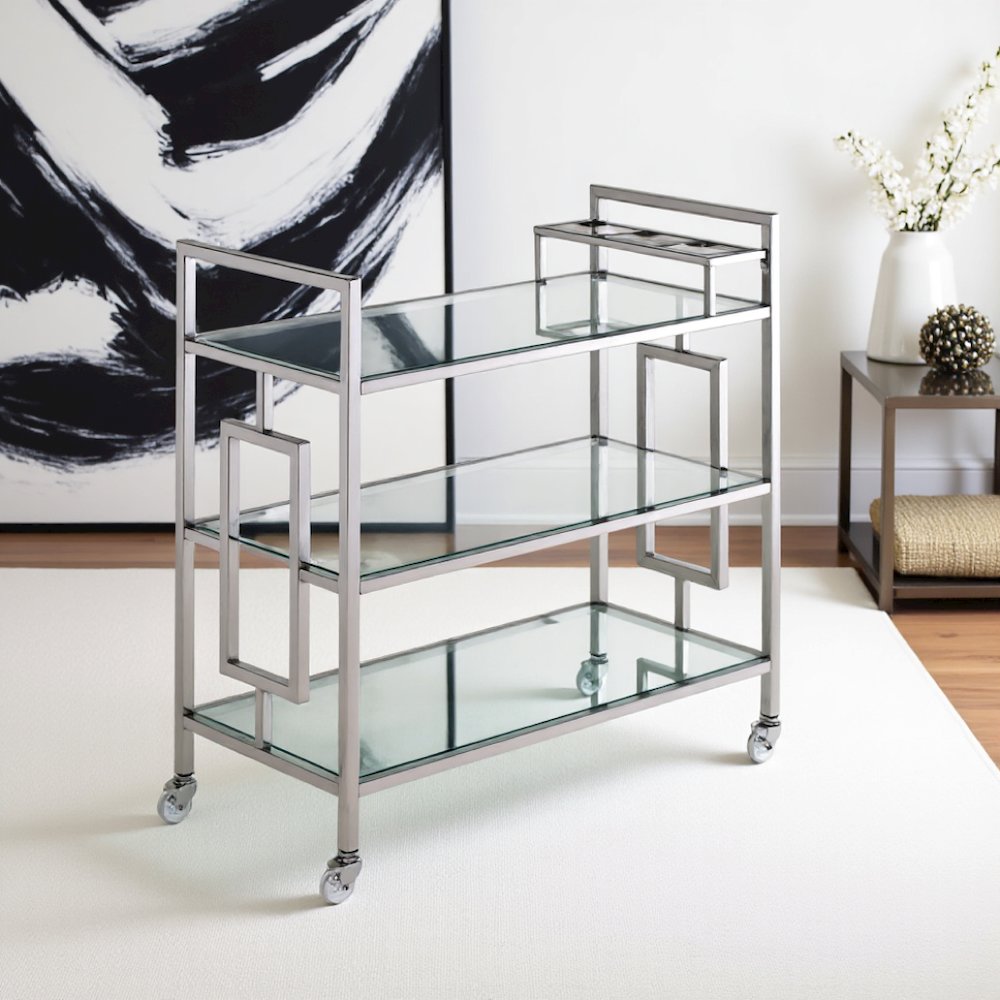 Chrome Glass Bar Cart with Wheels for Serving Drinks and Entertaining. Picture 2
