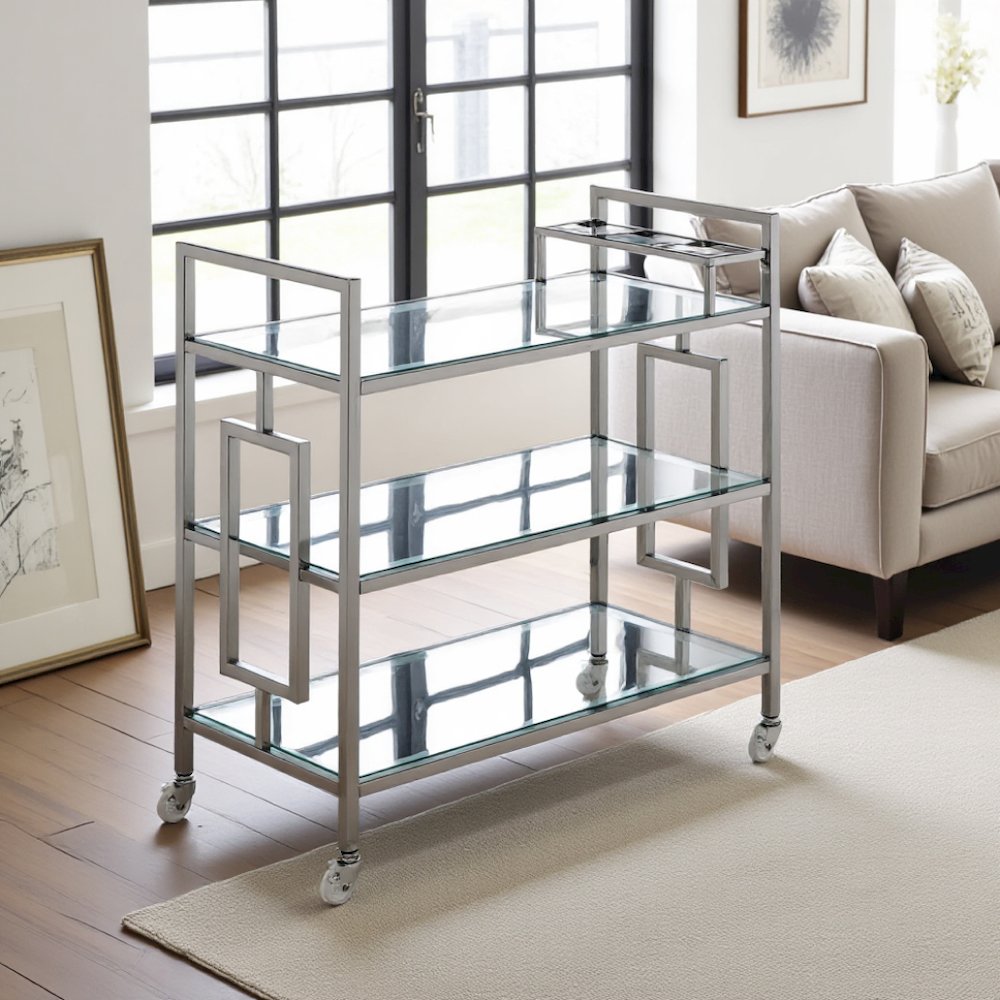 Chrome Glass Bar Cart with Wheels for Serving Drinks and Entertaining. Picture 3