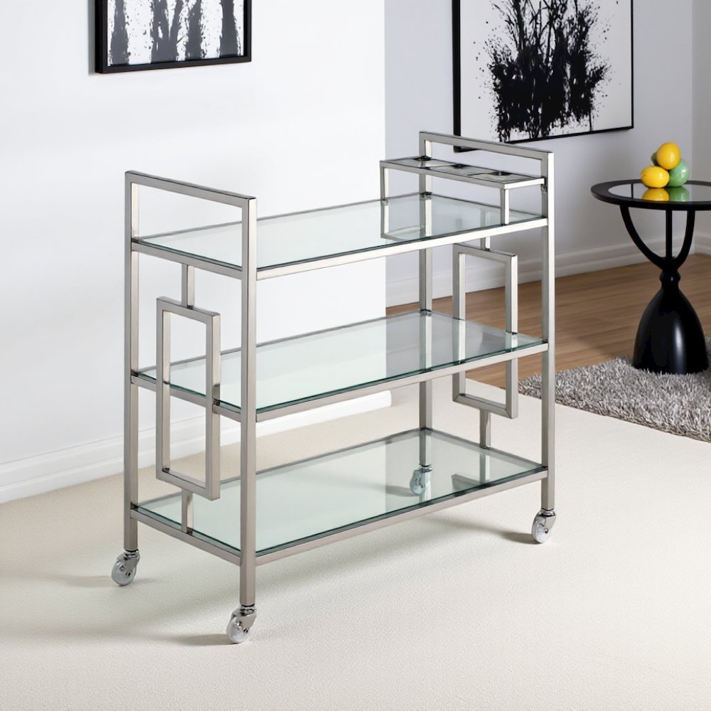 Chrome Glass Bar Cart with Wheels for Serving Drinks and Entertaining. Picture 4