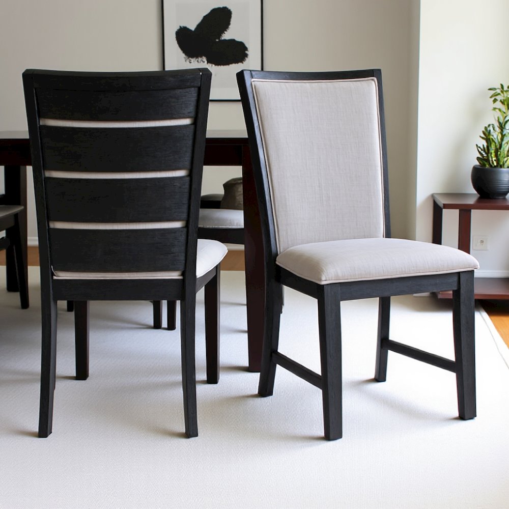 Elegant Black Slat Back Upholstered Dining Chairs, Set of Two. Picture 3