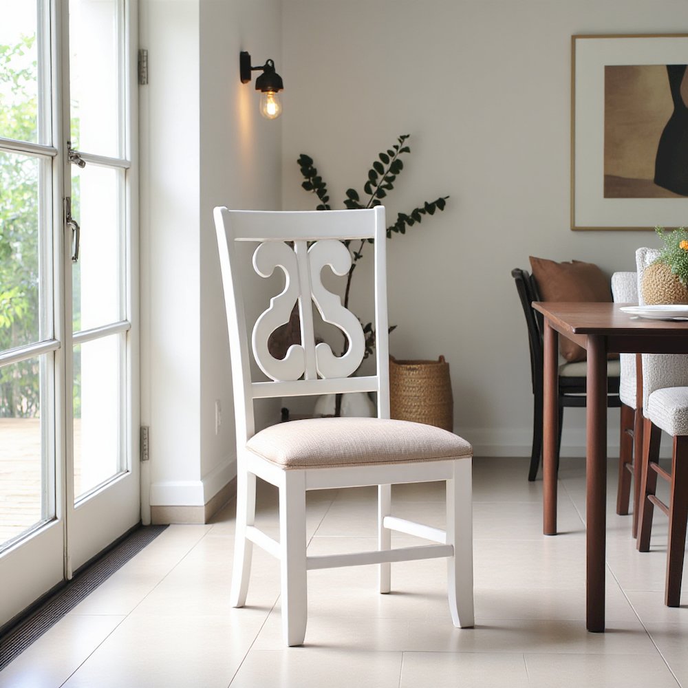 White Wooden Swirl Back Dining Chair Set. Picture 10