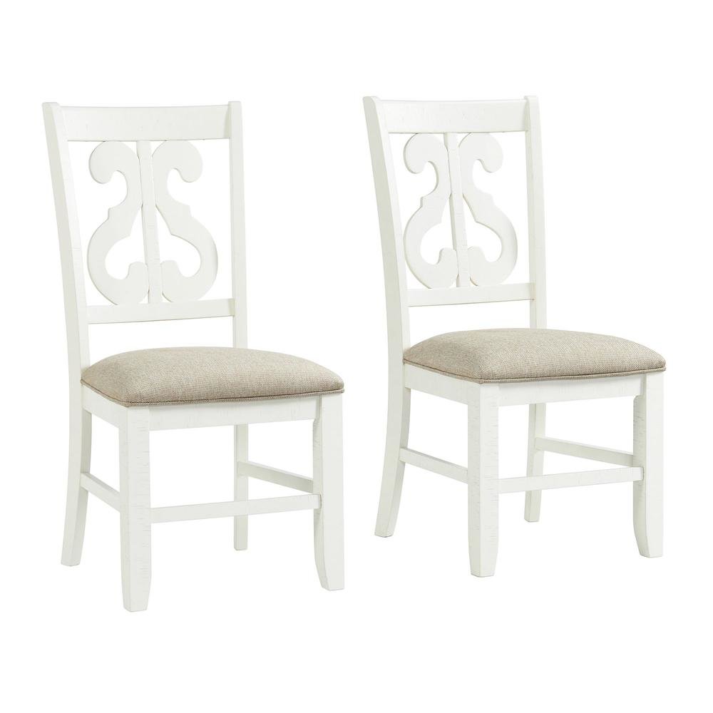 White Wooden Swirl Back Dining Chair Set. Picture 1