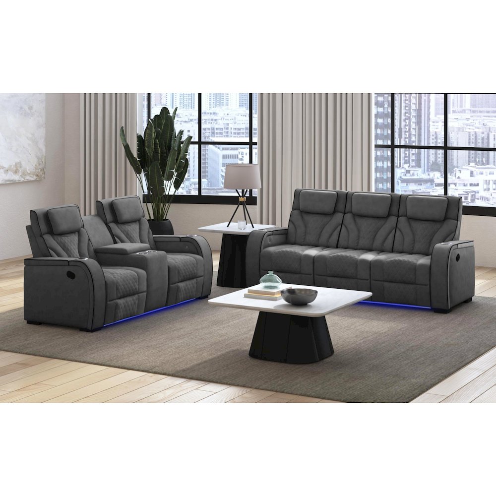 Tundra Motion Loveseat with Console, and LED in Simba Slate and Black Welt. Picture 3