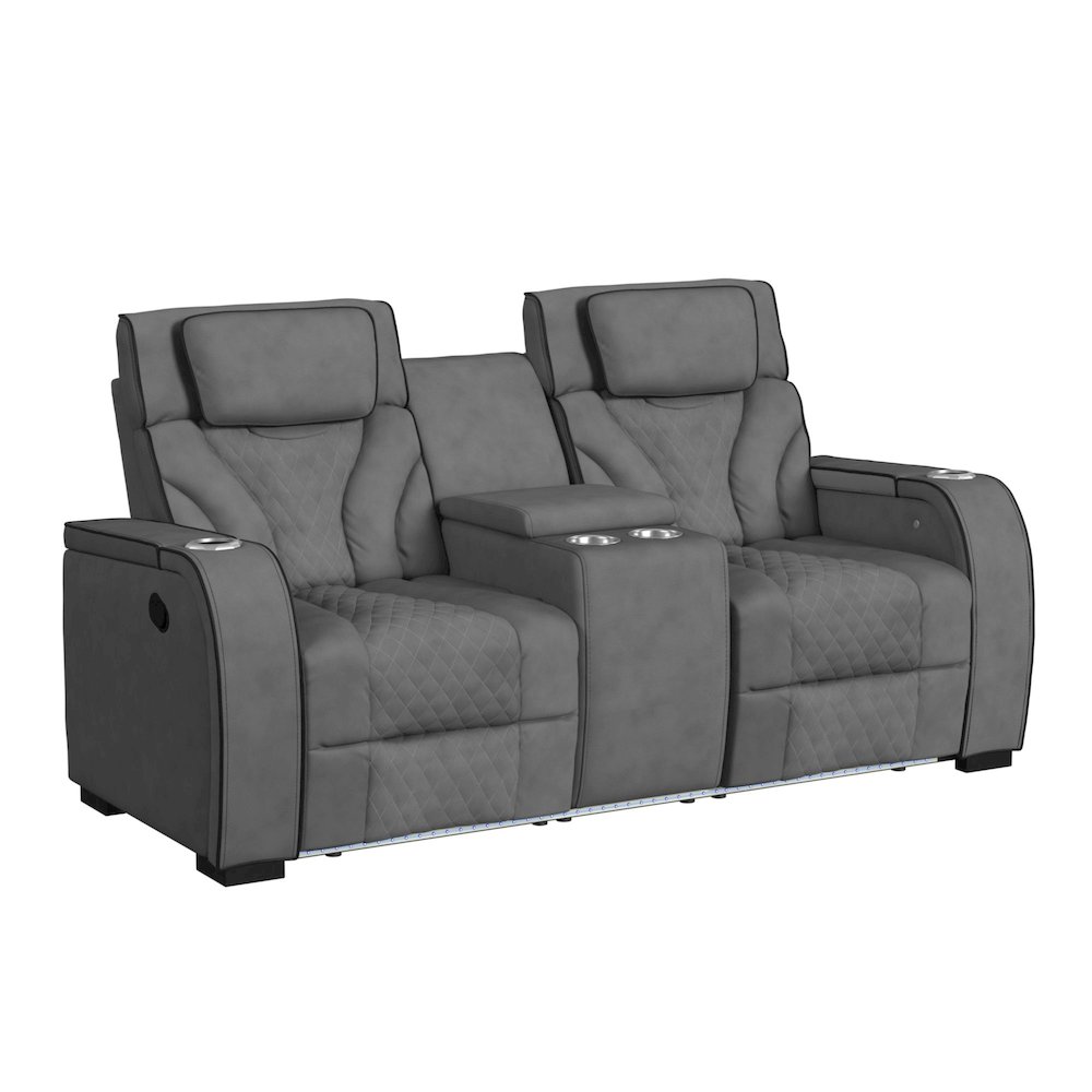 Tundra Motion Loveseat with Console, and LED in Simba Slate and Black Welt. Picture 1