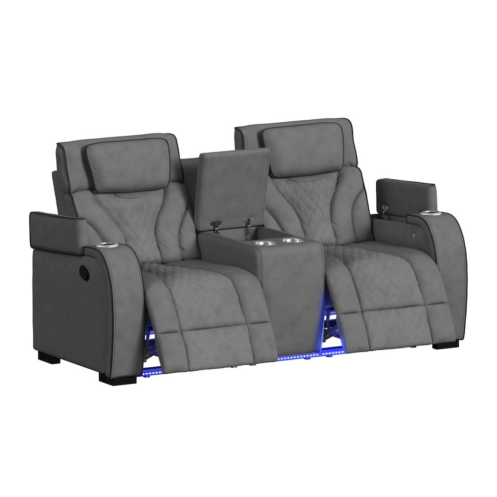 Tundra Motion Loveseat with Console, and LED in Simba Slate and Black Welt. Picture 4