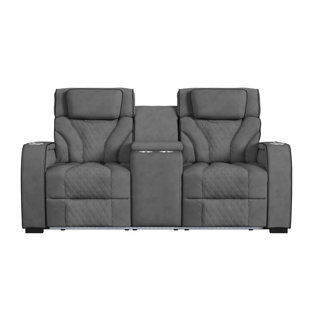 Tundra Motion Loveseat with Console, and LED in Simba Slate and Black Welt. Picture 5