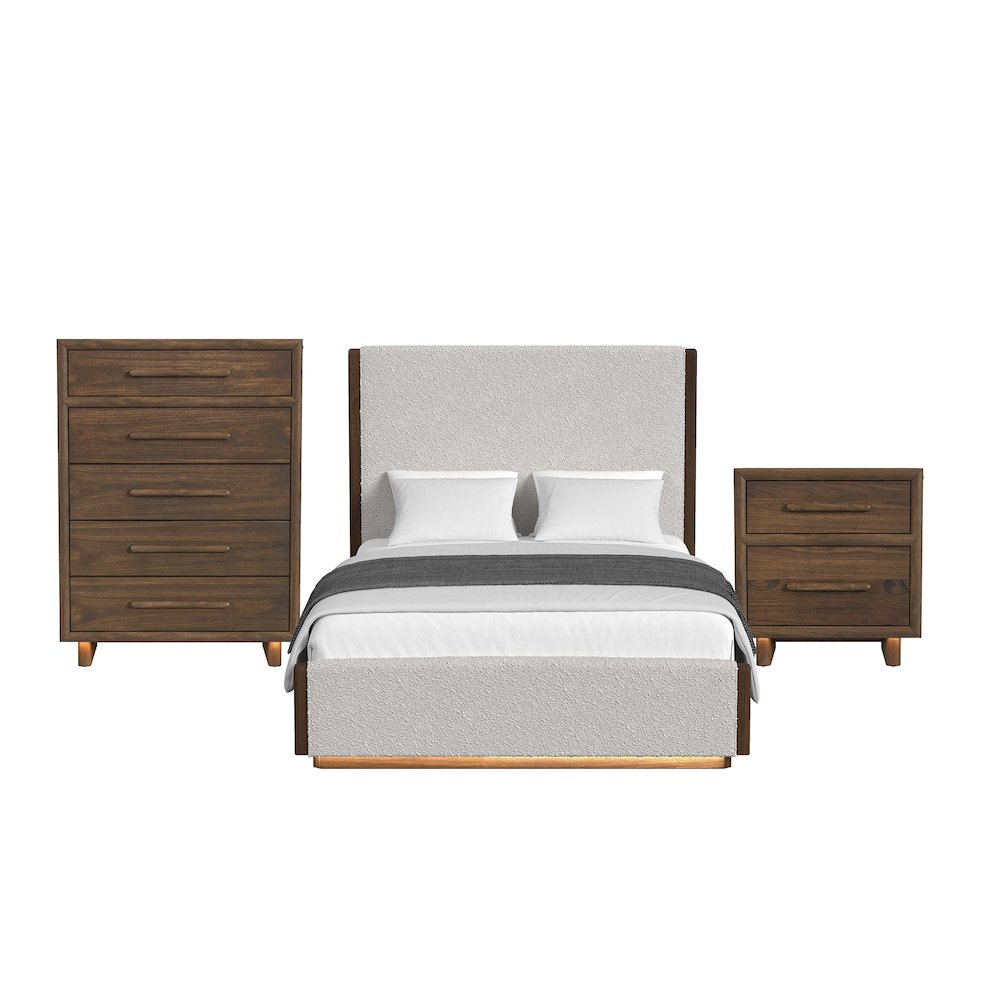 Perth  Queen UPH 3PC Bedroom Set with Boucle Beige and LED in Brown. Picture 1