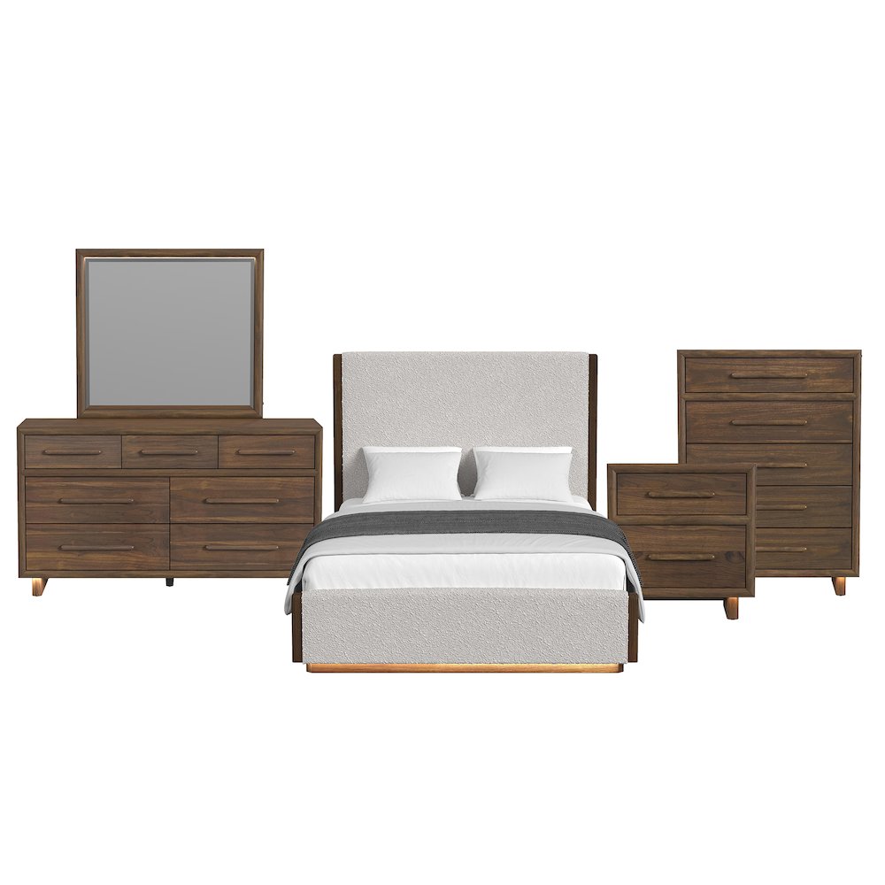 Perth Queen UPH 5PC Bedroom Set with Boucle Beige and LED in Brown. Picture 1
