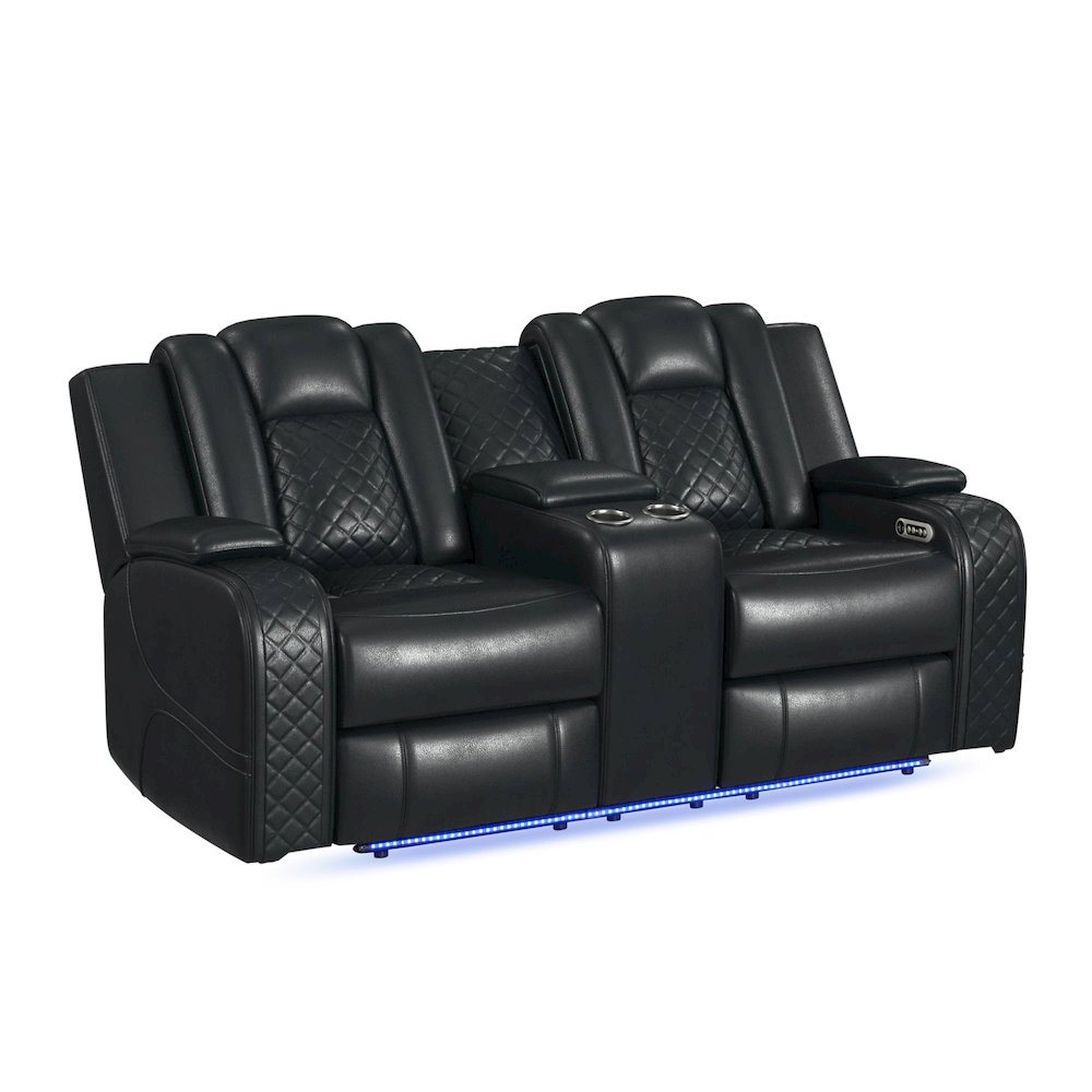 Amias Power Motion Loveseat with Power Headrest, Console and LED in Pebble Black. Picture 1
