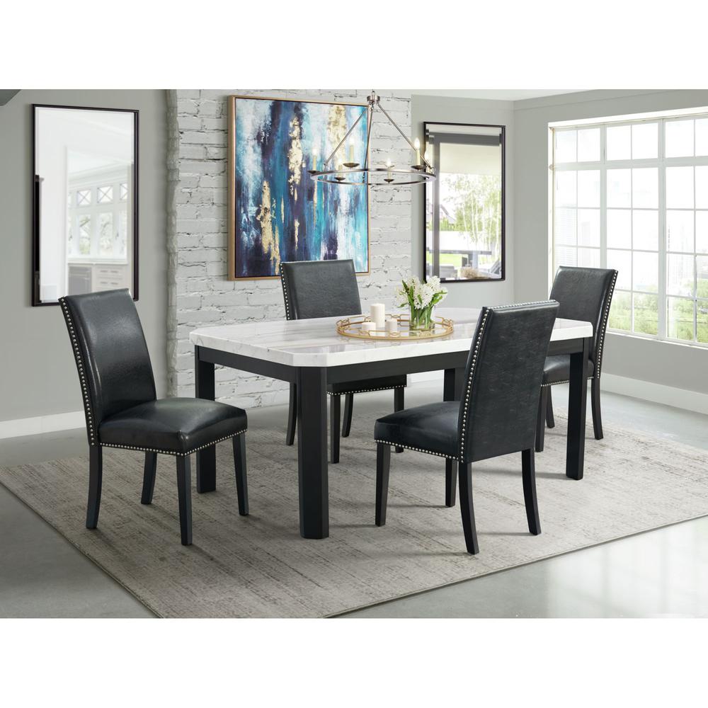 Celine White Marble 5PC Dining Set-Table & Four Black Faux Leather Chairs. Picture 1