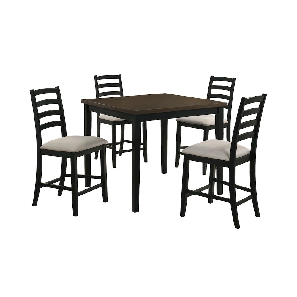 Lorraine 5pc Counter Table & 4 Counter Chairs with Beige Fabric in Oak & Black. Picture 1