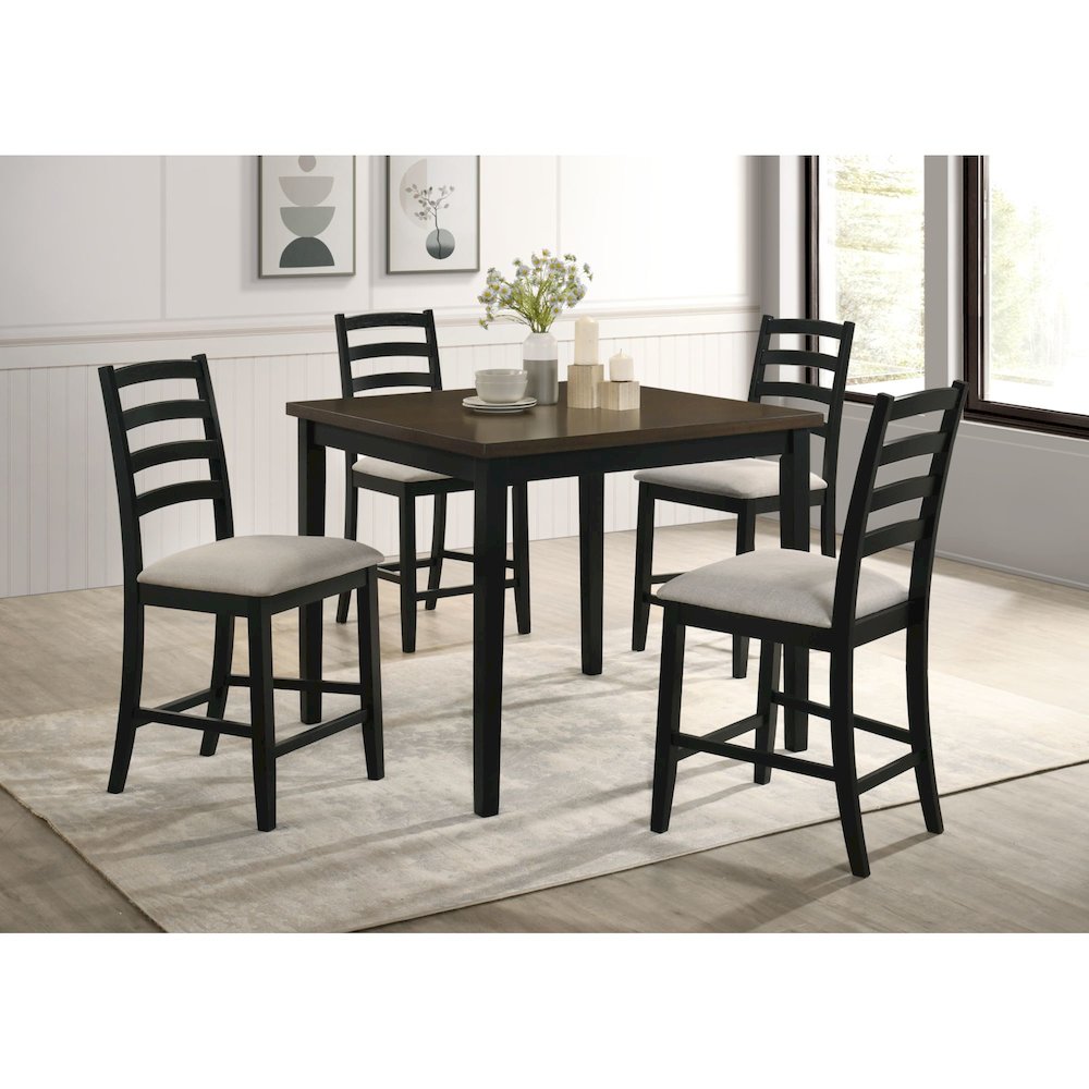 Lorraine 5pc Counter Table & 4 Counter Chairs with Beige Fabric in Oak & Black. Picture 2