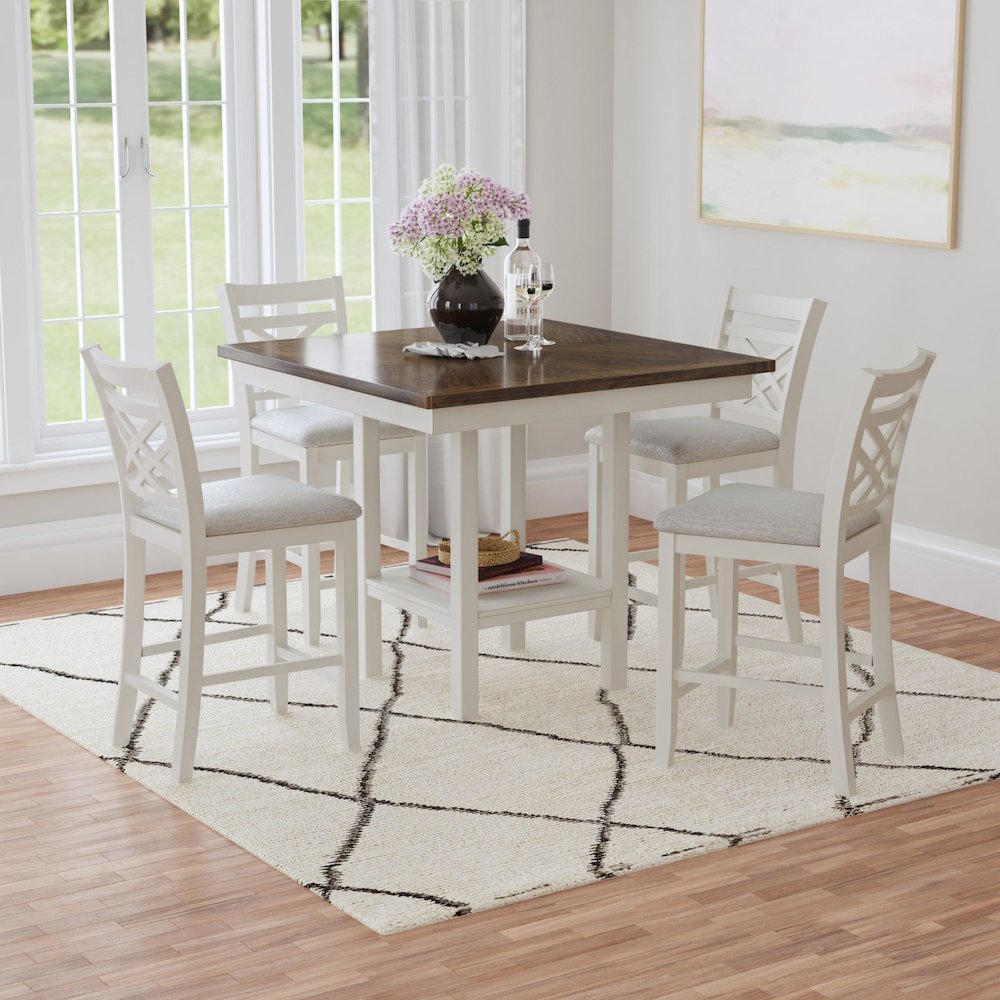 Gill 5PC Counter w/Table & 4 UPH Seat/Wood Back Chairs in Medium Brown & White. Picture 2