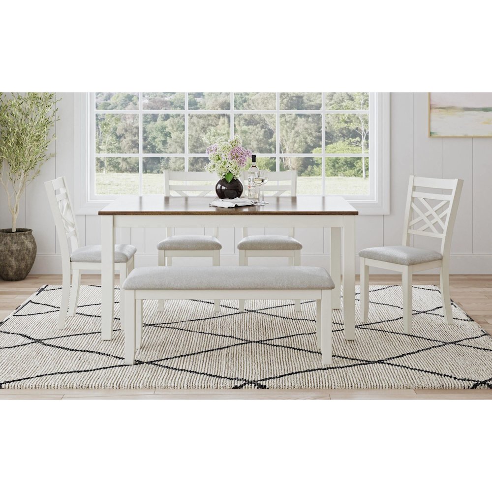 Gill 6PC Dining Set: Table, 4 Wood/UPH Chairs & Bench in Medium Brown & White. Picture 2