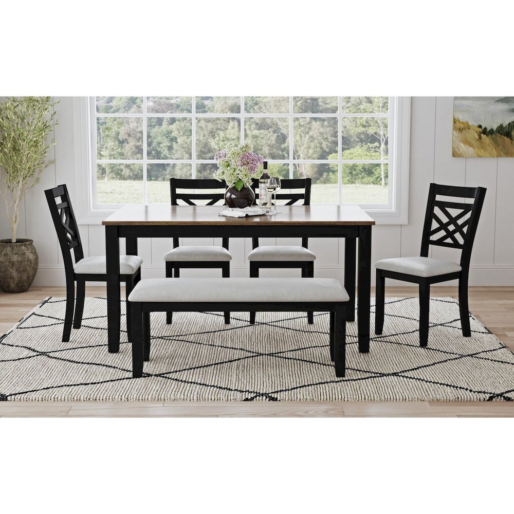 Gill 6PC Dining Set: Table, 4 Wood/UPH Chairs & Bench in Medium Brown & Black. Picture 2
