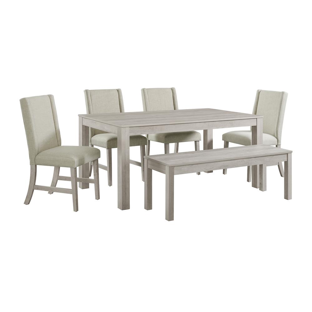 6PC Standard Height Dining Set in White-Rectangular Table, Four Chairs & Bench. Picture 1