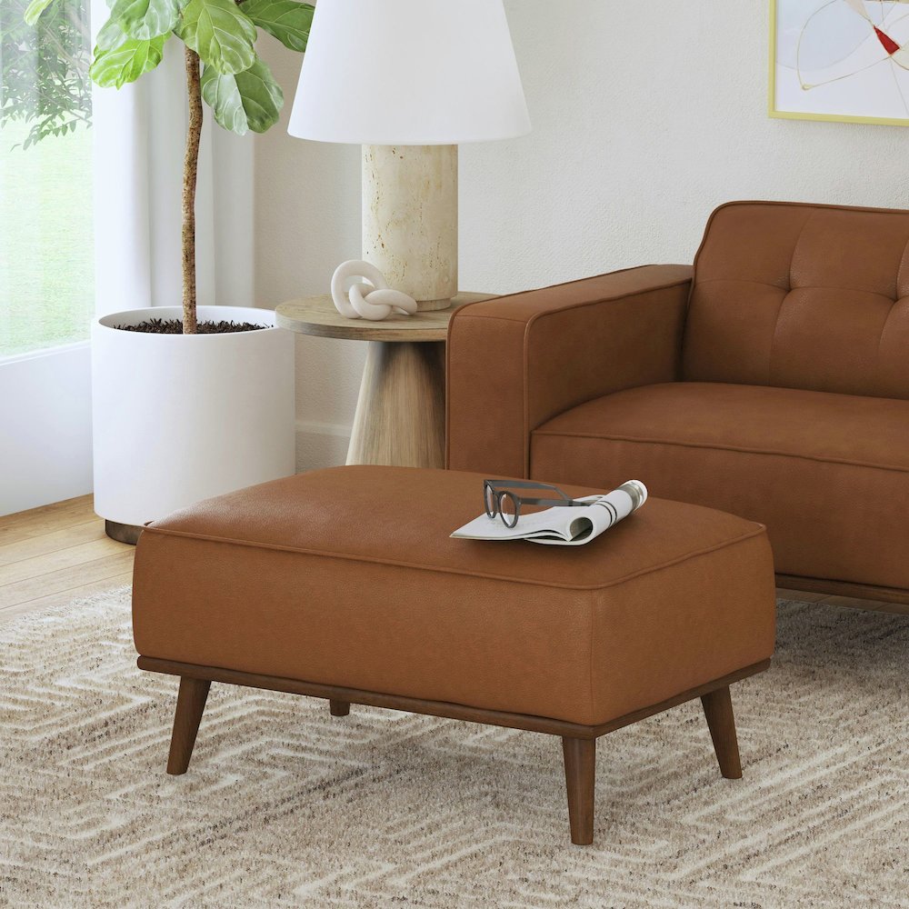 Destiny Ottoman with Wood Base in Pebble Tan. Picture 6