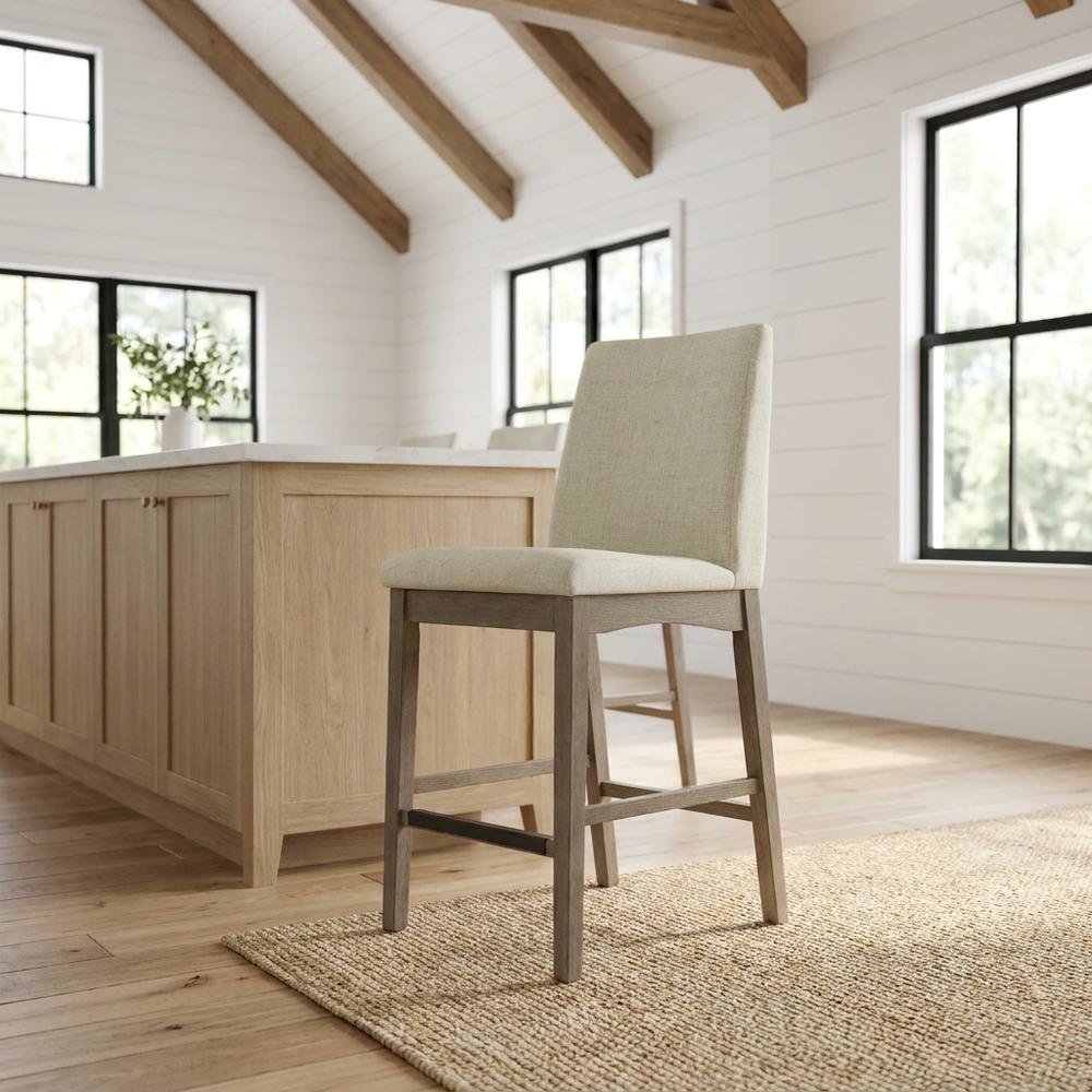 Polyester-Upholstered Counter Stool with Back, Transitional Bar Stools, Grey. Picture 2