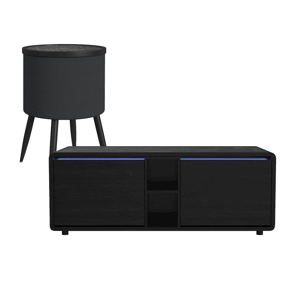 2PC Smart Occasional Table Set in Black- Coffee Table & Round End Table. Picture 1
