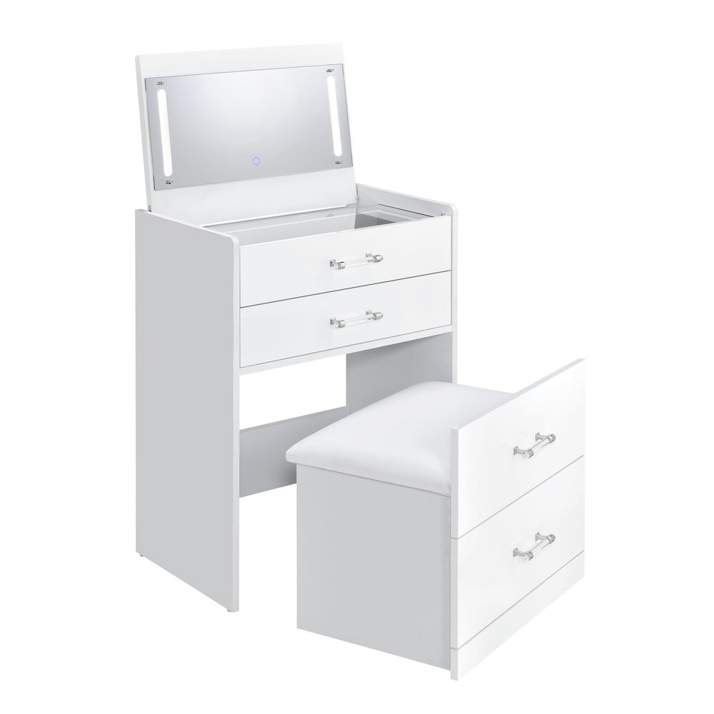 Aurora Mini Dressing Table with Stool, LED and USB in Glossy White. Picture 1