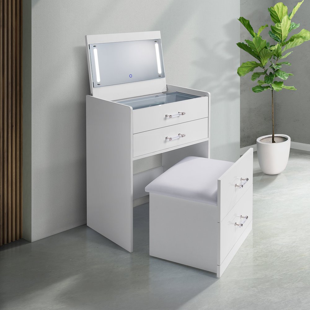 Aurora Mini Dressing Table with Stool, LED and USB in Glossy White. Picture 7