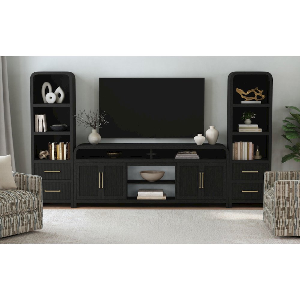 Woodridge 3PC Entertainment Unit With 82" TV Console in Black with Grain. Picture 2