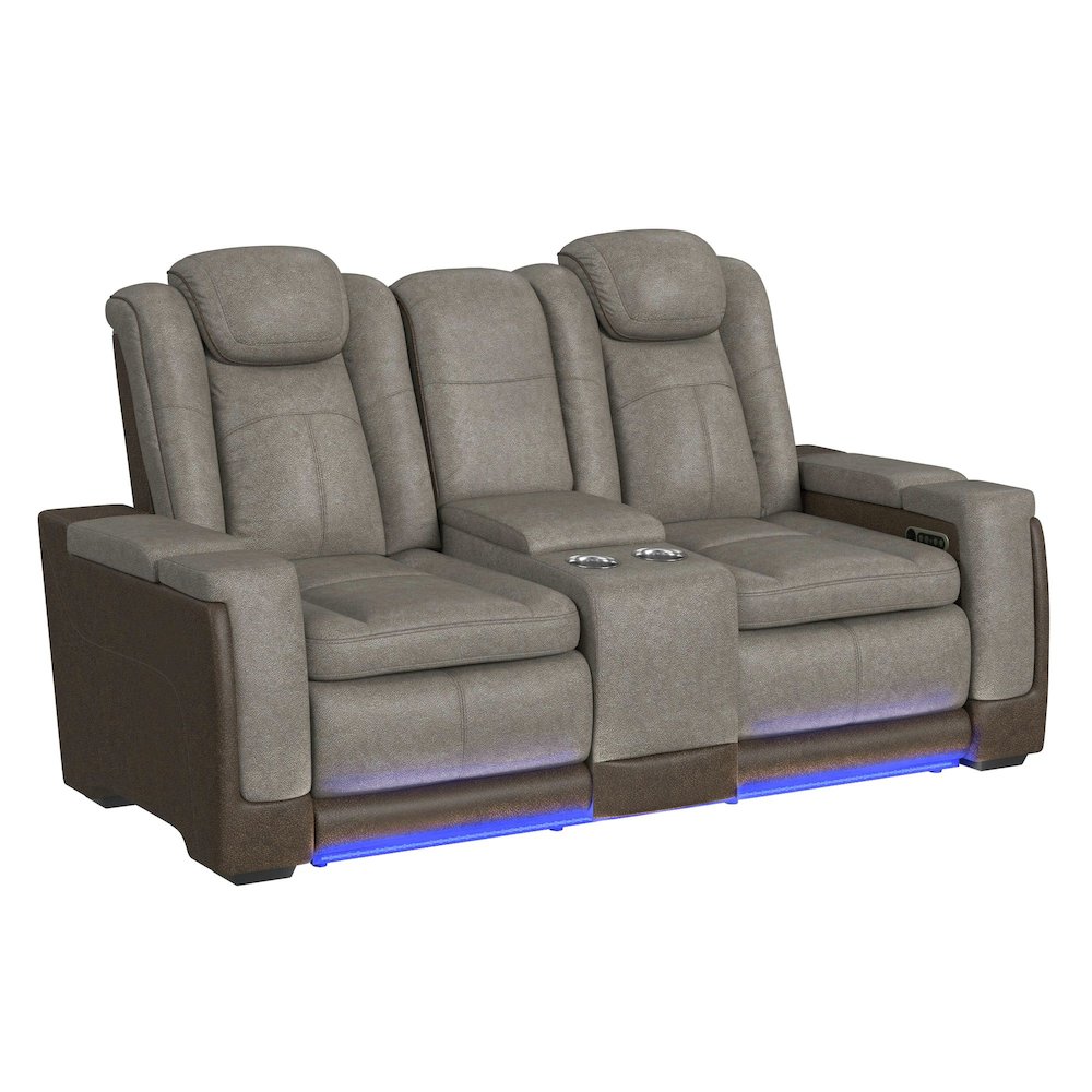 Power Motion Loveseat with Power Headrest, Led, and Console in Rocky Grey/Brown. Picture 2