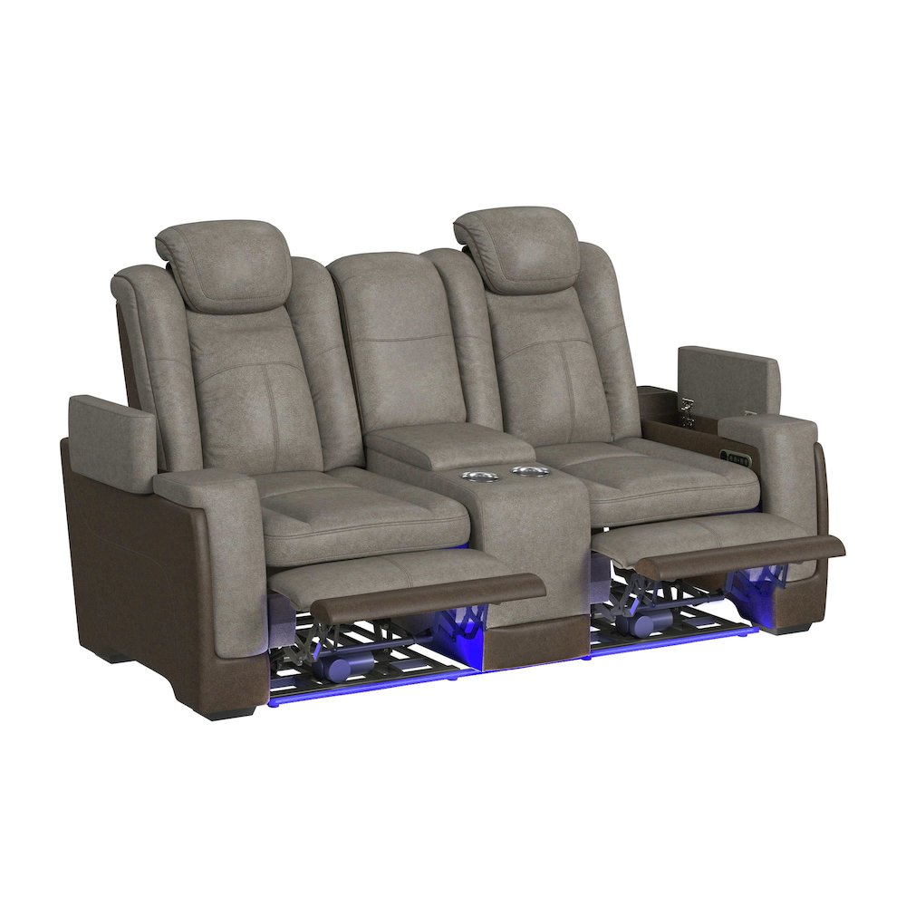 Power Motion Loveseat with Power Headrest, Led, and Console in Rocky Grey/Brown. Picture 3