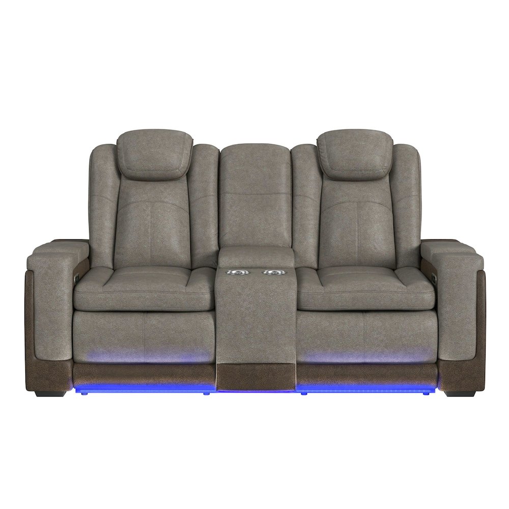 Power Motion Loveseat with Power Headrest, Led, and Console in Rocky Grey/Brown. Picture 4