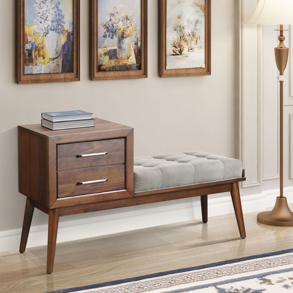 Malibu Bench with Grey Fabric in Walnut. Picture 7