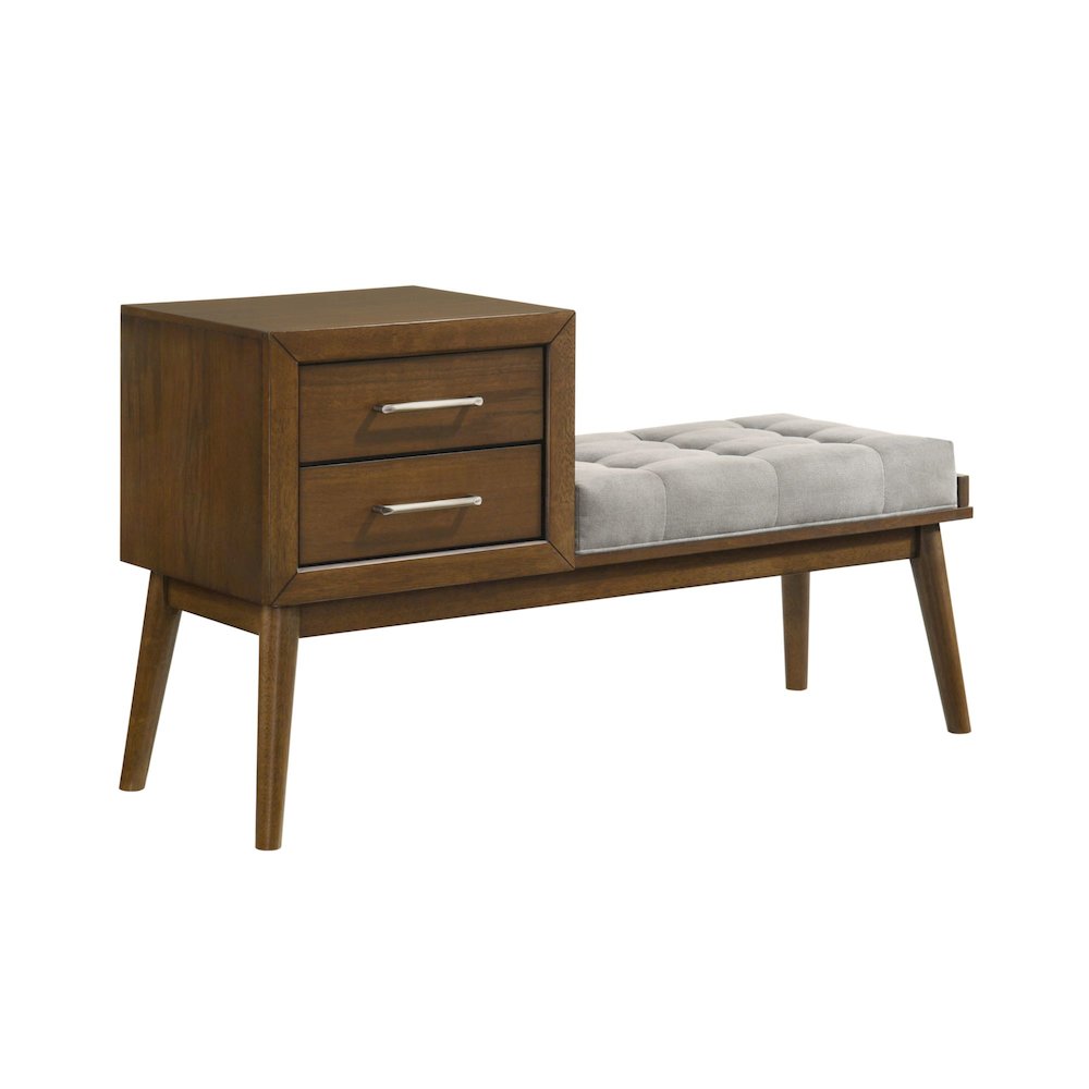 Malibu Bench with Grey Fabric in Walnut. Picture 1