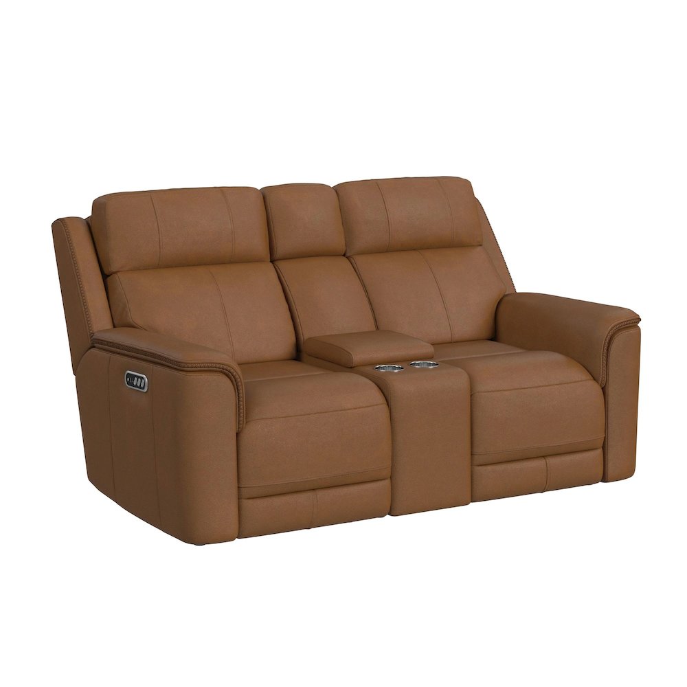 Power Motion Loveseat with Console, Power Headrest and Lumbar in Aline Butternut. Picture 1